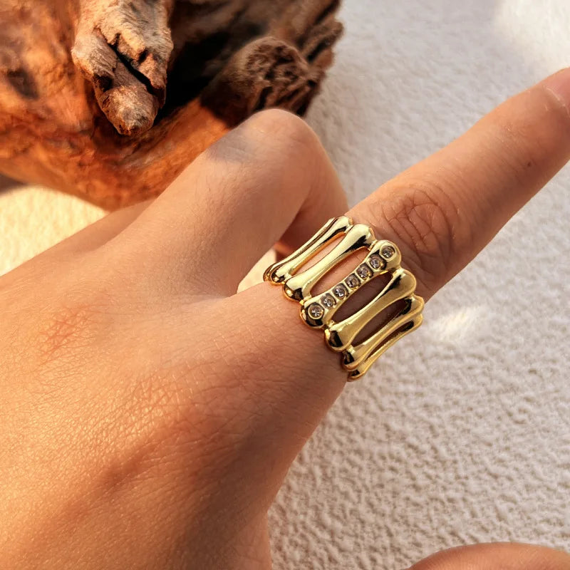 Stainless Steel Geometric Hollow Wide Ring Inlaid Zircon Knuckle Ring Daily Jewelry