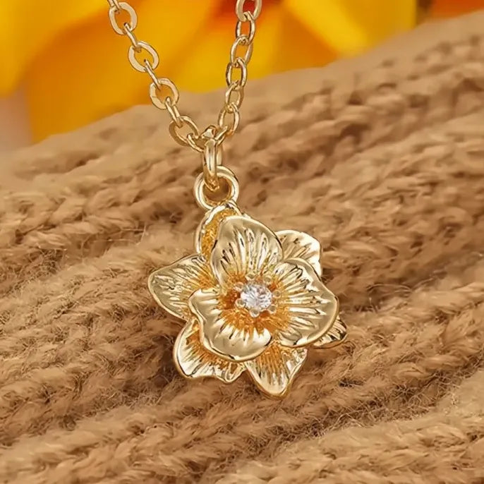 Gold Geometric Flower Pendant Necklace with Cubic Zirconia Jewelry Gift