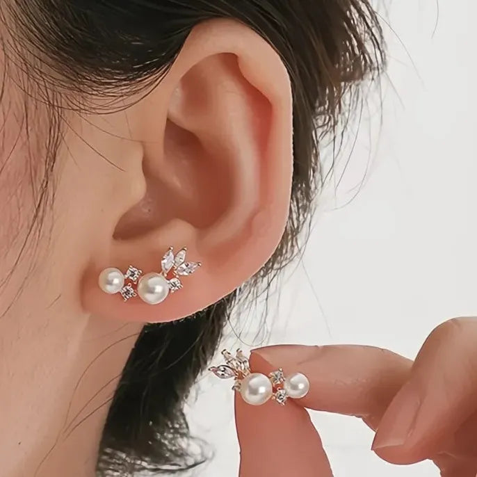 Women's Silver & Gold Geometric Stud Earrings with Simulated Pearls