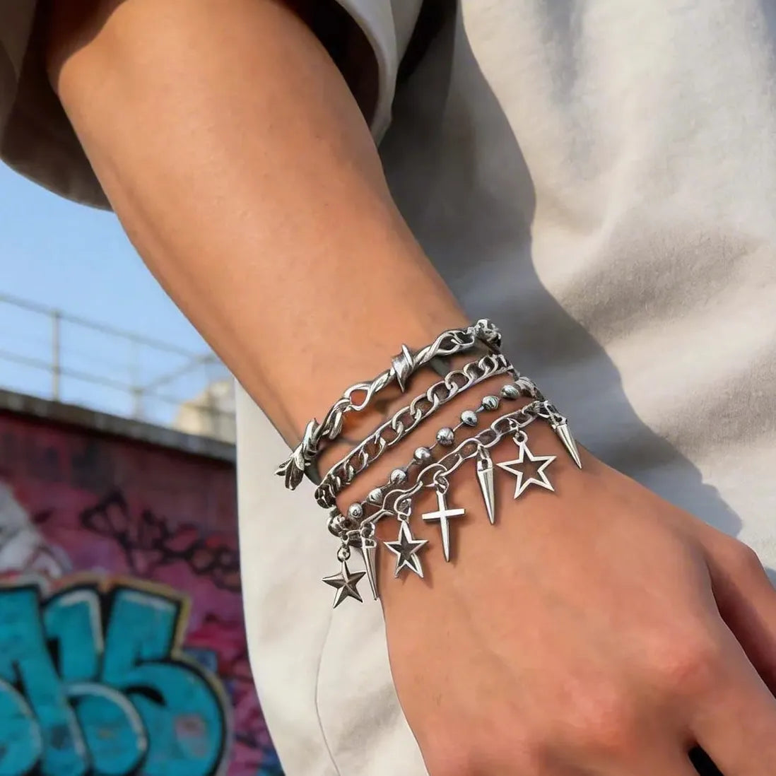 4Pcs Punk Cross Rivet Star Multi-Layer Cuban Chain Bracelet Set for Men Women