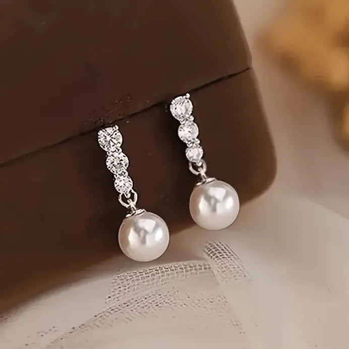 Elegant Geometric Simulated Pearl Drop Earrings with Cubic Zirconia for Women