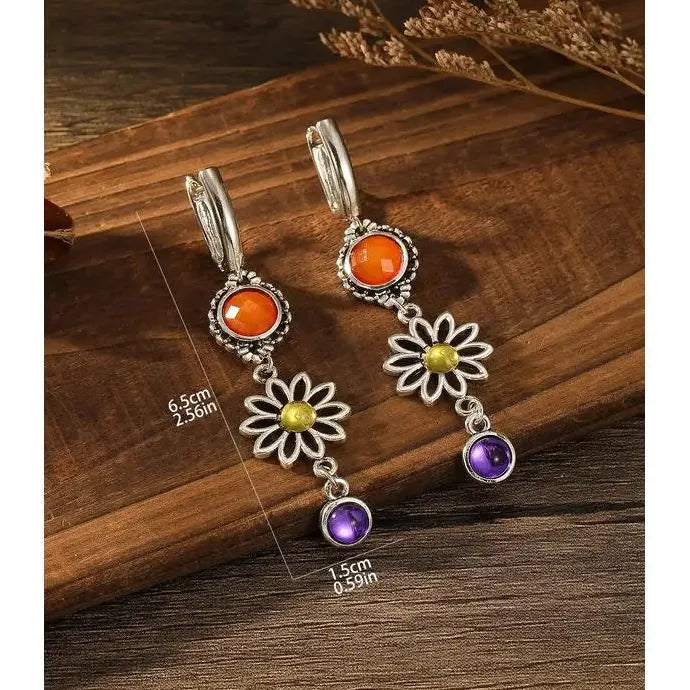 Ethnic Red Stone Curiosity Hoop Earrings Vintage Carved Pattern Jewelry for Women