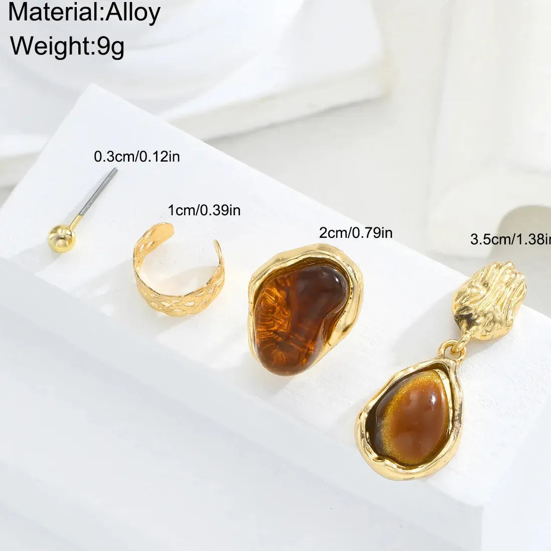 4Pc Vintage Brown Tiger Eye Stone C-Shaped Metal Ear Clip Earrings Set