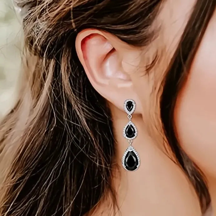 Geometric Black & Blue Pear Cubic Zirconia Long Drop Earrings for Women