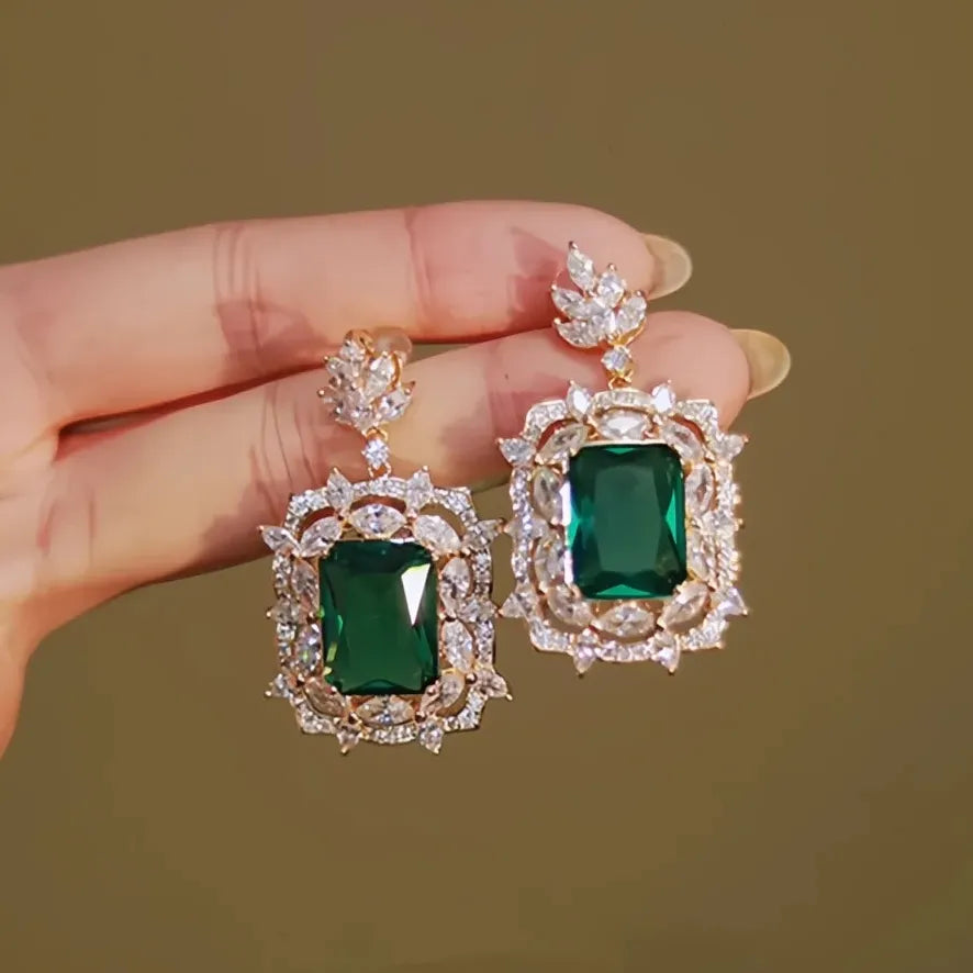 Green Cubic Zirconia Geometric Drop Earrings Luxury Wedding Jewelry for Women