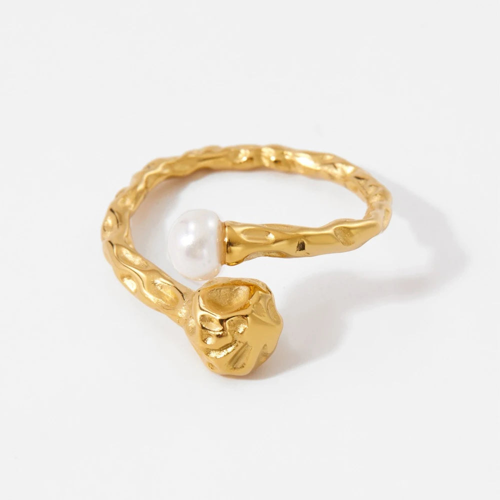 18K Gold Plated Lava Texture Pearl Ring Waterproof Designer Double Color Statement