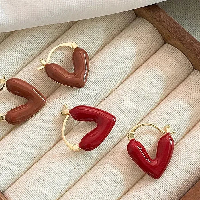 French Romantic Wine Red Enamel Heart Pendant Earrings Copper Alloy Jewelry for Women