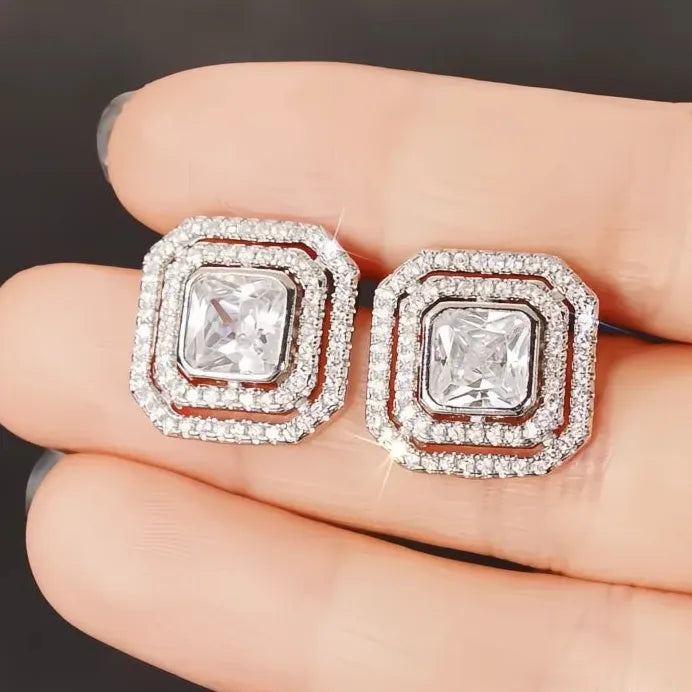 Geometric Square Cubic Zirconia Stud Earrings for Women Daily Party Wear