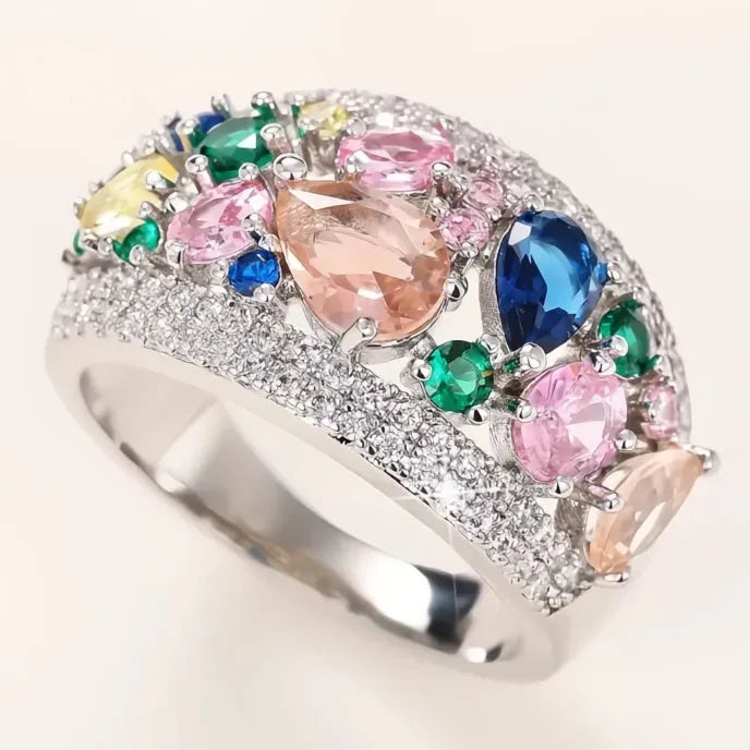 Rainbow Cubic Zirconia Brass Rings for Women Wedding Accessories Luxury Party Jewelry 2023