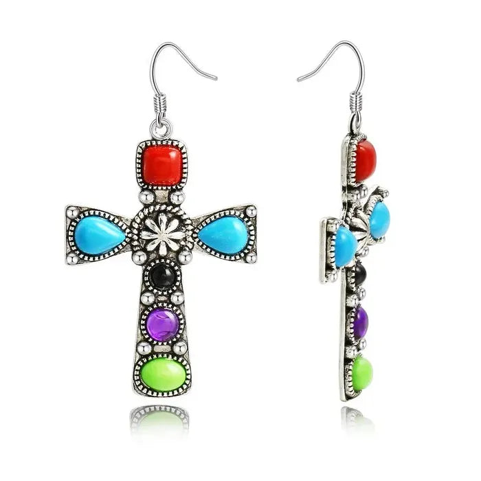 Vintage Bohemian Style Colored Gemstone Inlaid Pendant Drop Earrings for Women