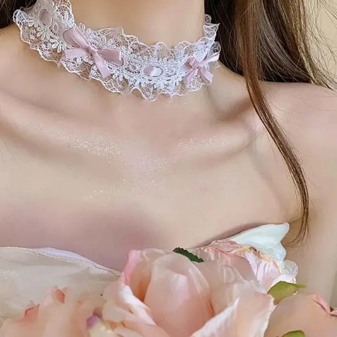Elegant White Lace Bowknot Cotton Choker Necklace for Women Girls Jewelry
