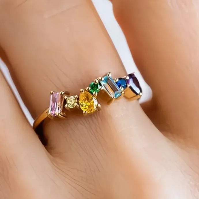 Gold Color Rainbow CZ Geometric Wedding Band Ring for Women Brass Jewelry