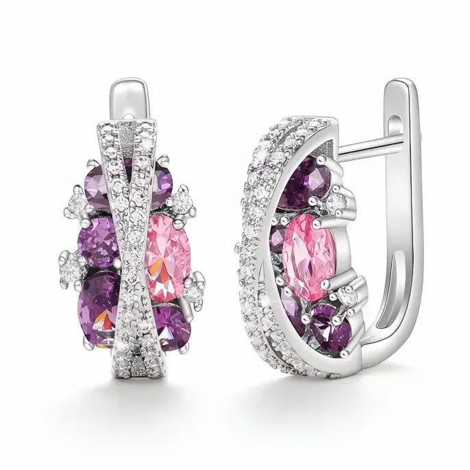 Copper Hoop Earrings with Colored Cubic Zirconia and Cross Design for Women