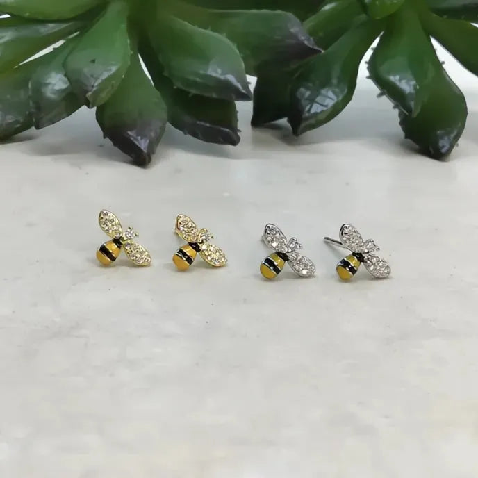 Dainty Geometric Bee Stud Earrings for Women Copper Alloy Cubic Zirconia Silver Gold