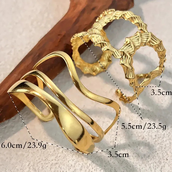 18K Gold Plated 316L Stainless Steel Hollow Ripple Opening Bangle Bracelet Women Punk Jewelry