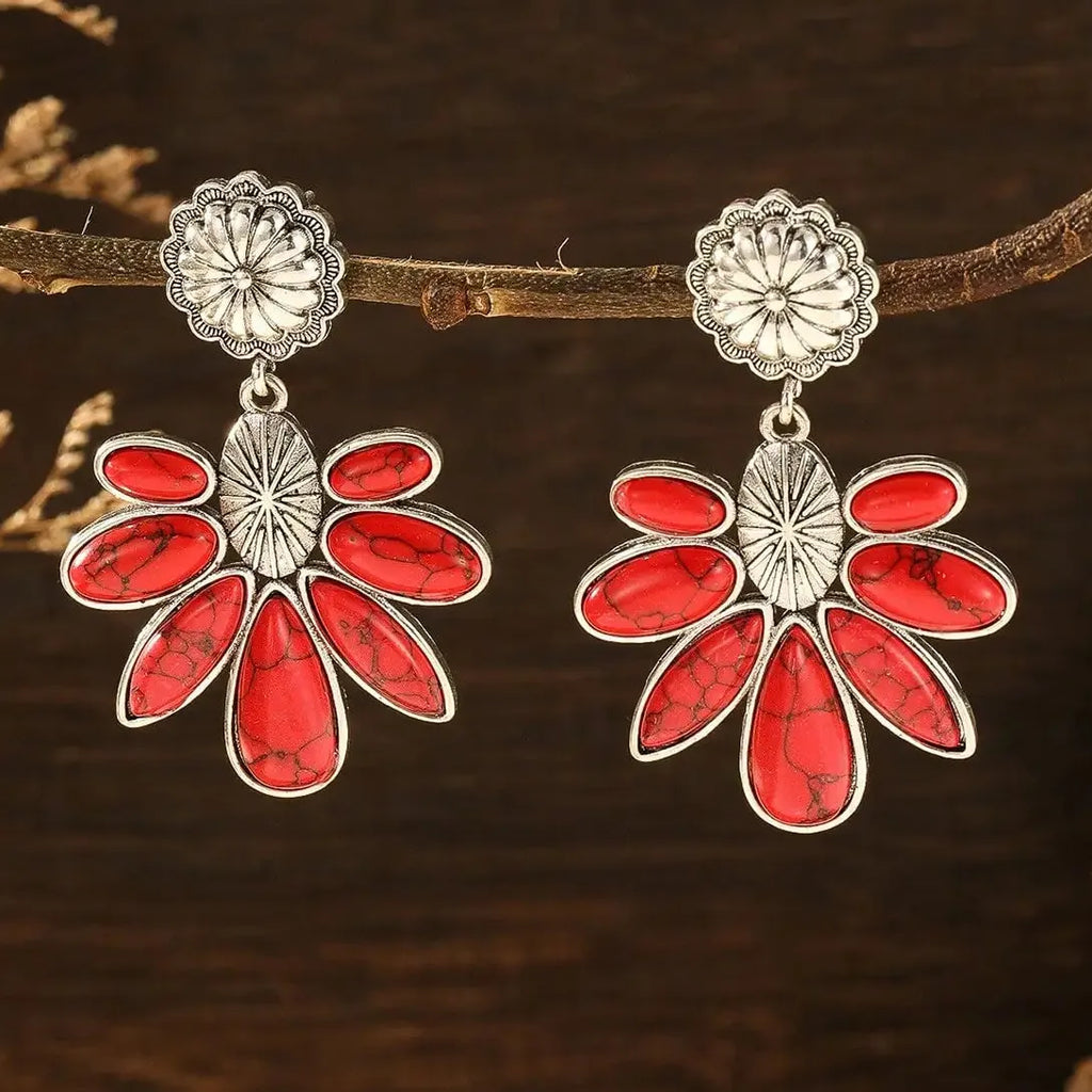 Vintage Tribal Ethnic Blue Rose Red Gemstone Zinc Alloy Earrings for Women