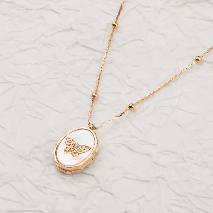 Custom Butterfly Shell Photo Locket Necklace Women Stainless Steel Vintage Memorial Jewelry Mother's Day Gift