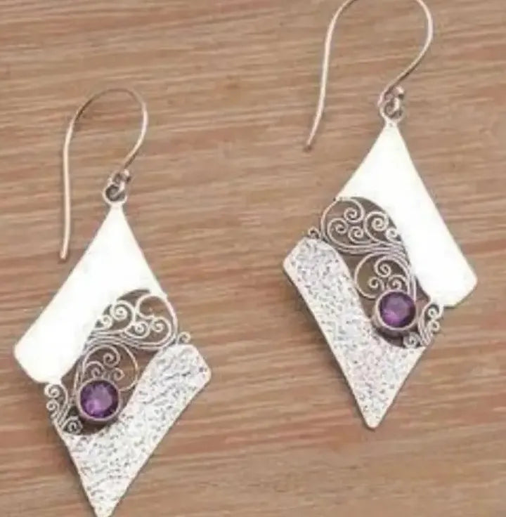 Geometric Pattern Carved Purple Gemstone Drop Earrings Zinc Alloy Gift