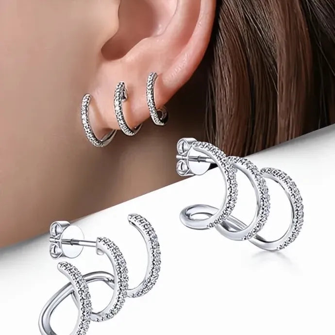 Silver Three Line Claws CZ Crystal Stud Earrings for Women Copper Alloy