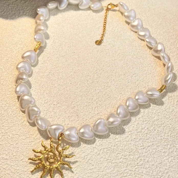 Elegant Handmade Pearl Necklace Gold Lava Twist Heart Pendant Choker Jewelry Gift
