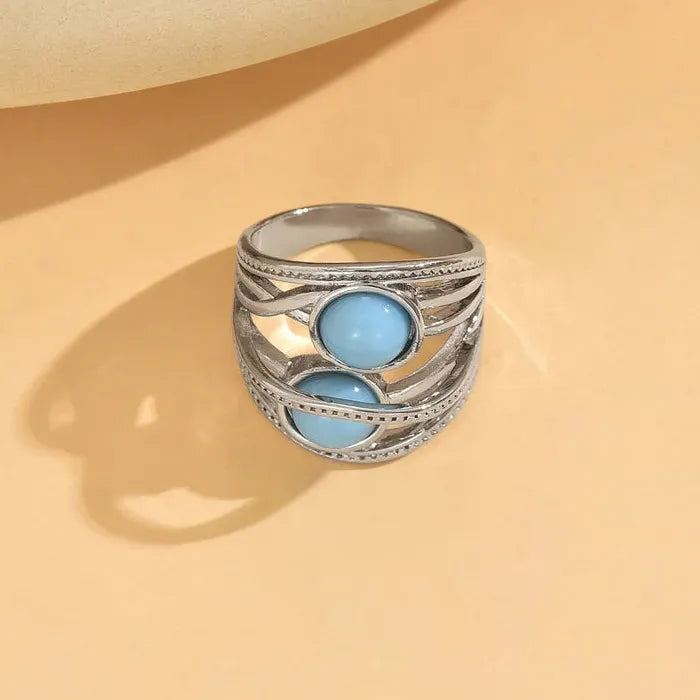Vintage Bohemian Silver Zinc Alloy Synthetic Gemstone Ring Women’s Festival Jewelry