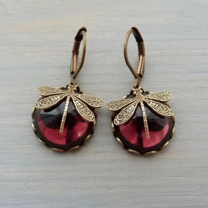 Vintage Bronze Dragonfly Drop Earrings with Moonstone Inlaid Zinc Alloy Jewelry for Women
