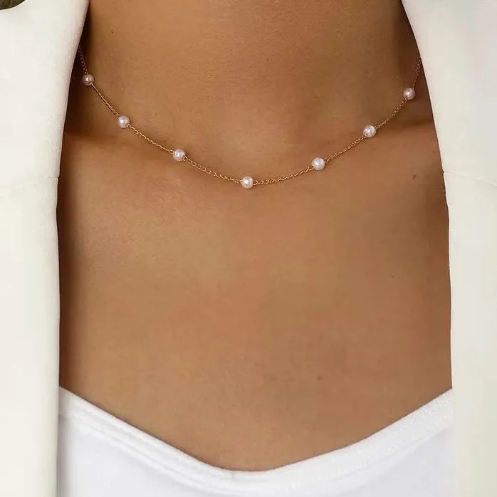 Kpop White Imitation Pearl Choker Necklace & Bracelet Set Silver Bridal Jewelry