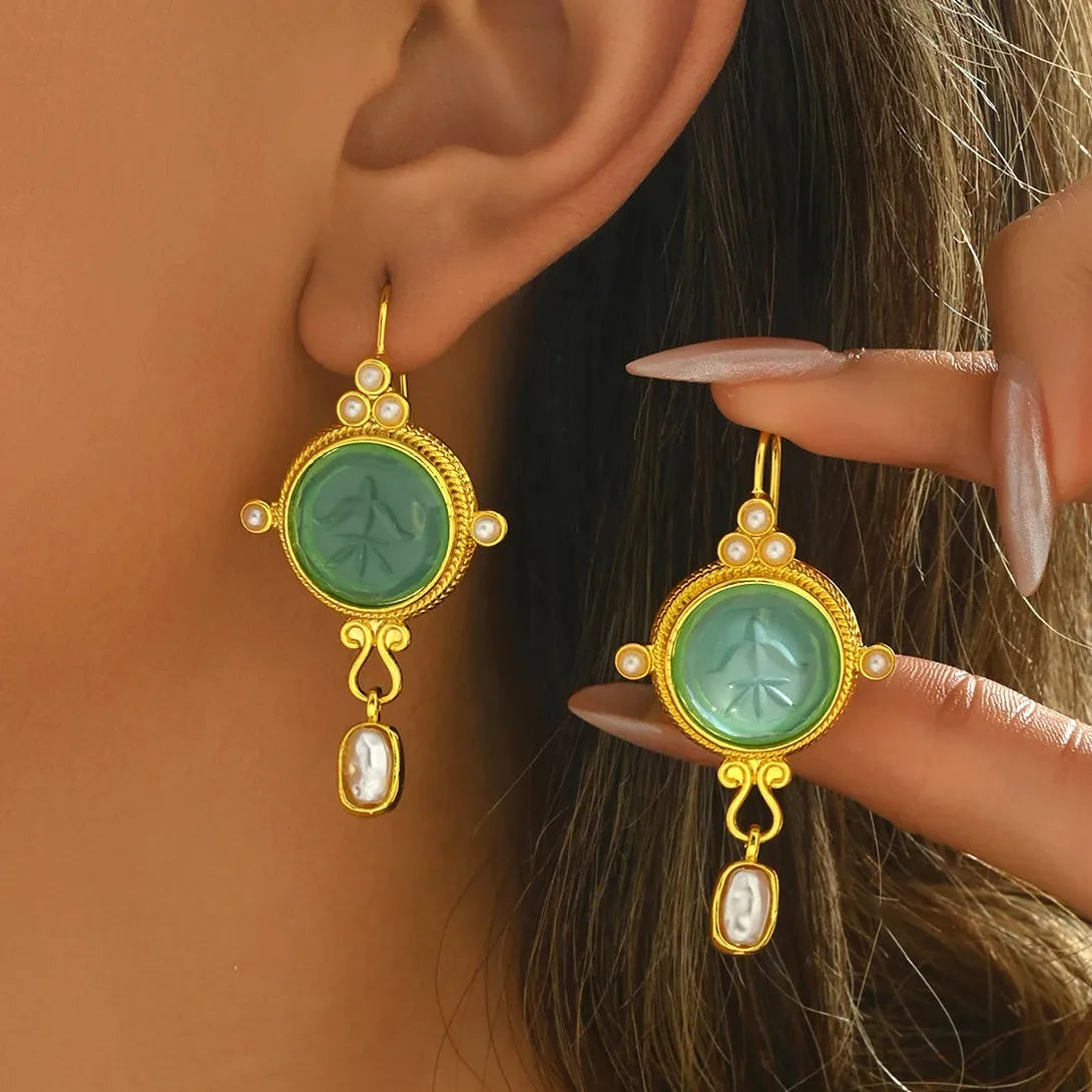 Blue Geometric Inlay Pearl Drop Earrings for Women Party Birthday Jewelry