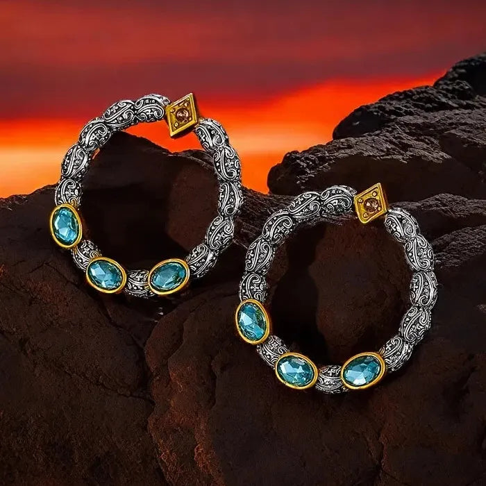 Vintage Inlaid Blue Semi-Precious Stone Zinc Alloy Bohemian Round Earrings Gift