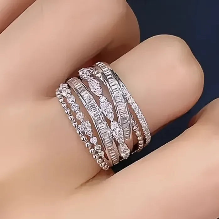 Multi-layer Wide Cocktail Ring for Women Brass Cubic Zirconia Wedding Jewelry