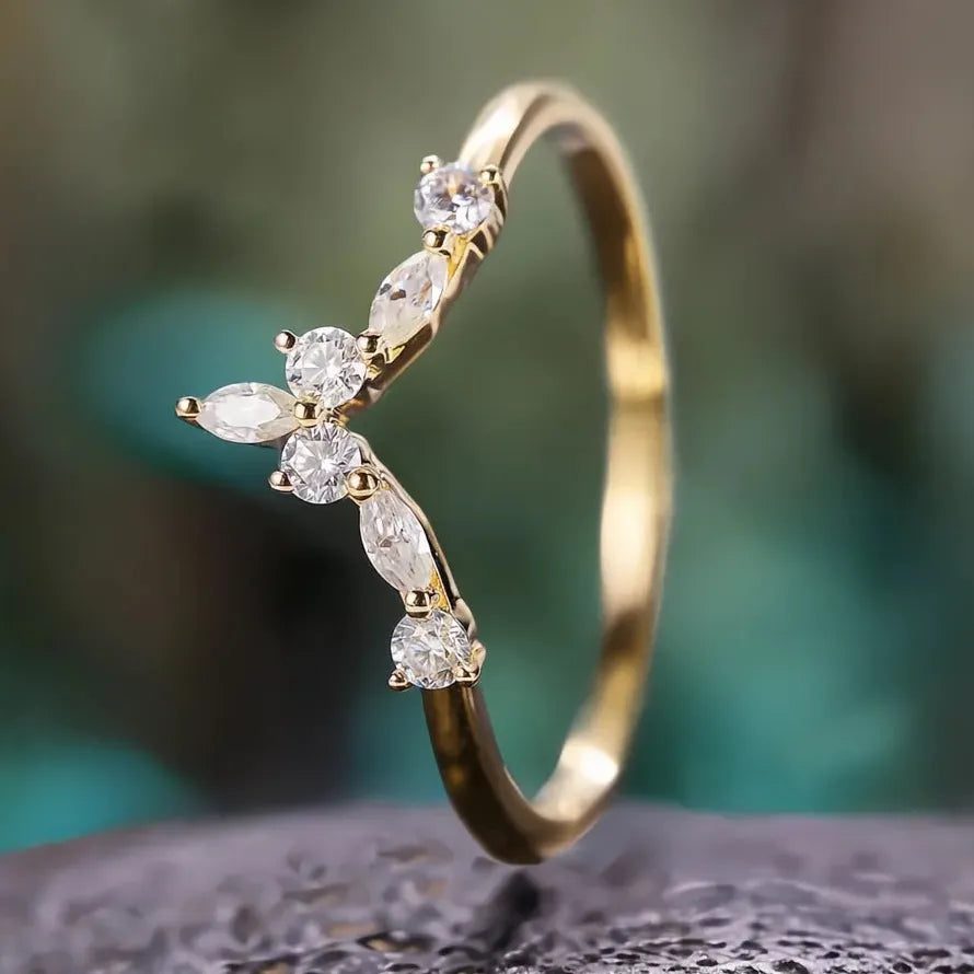 V Design Women's Geometric Brass Ring with Shiny CZ, 3 Metal Colors