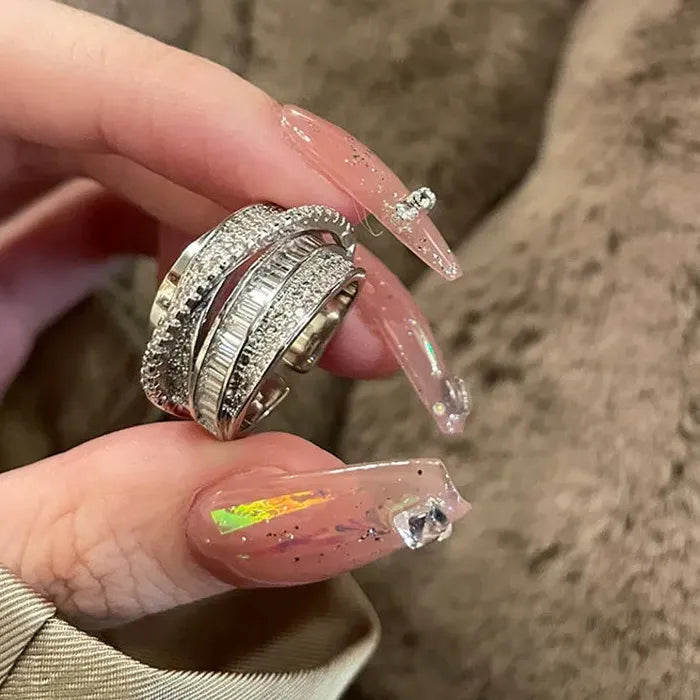 2026 Silver Rhinestone Multi-layer Winding Stainless Steel Wedding Ring Set