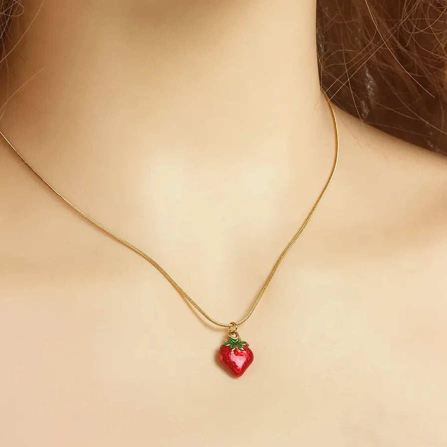 18k Gold Plated Stainless Steel Fruit Pendant Necklace Red Pepper Cherry Choker Necklace