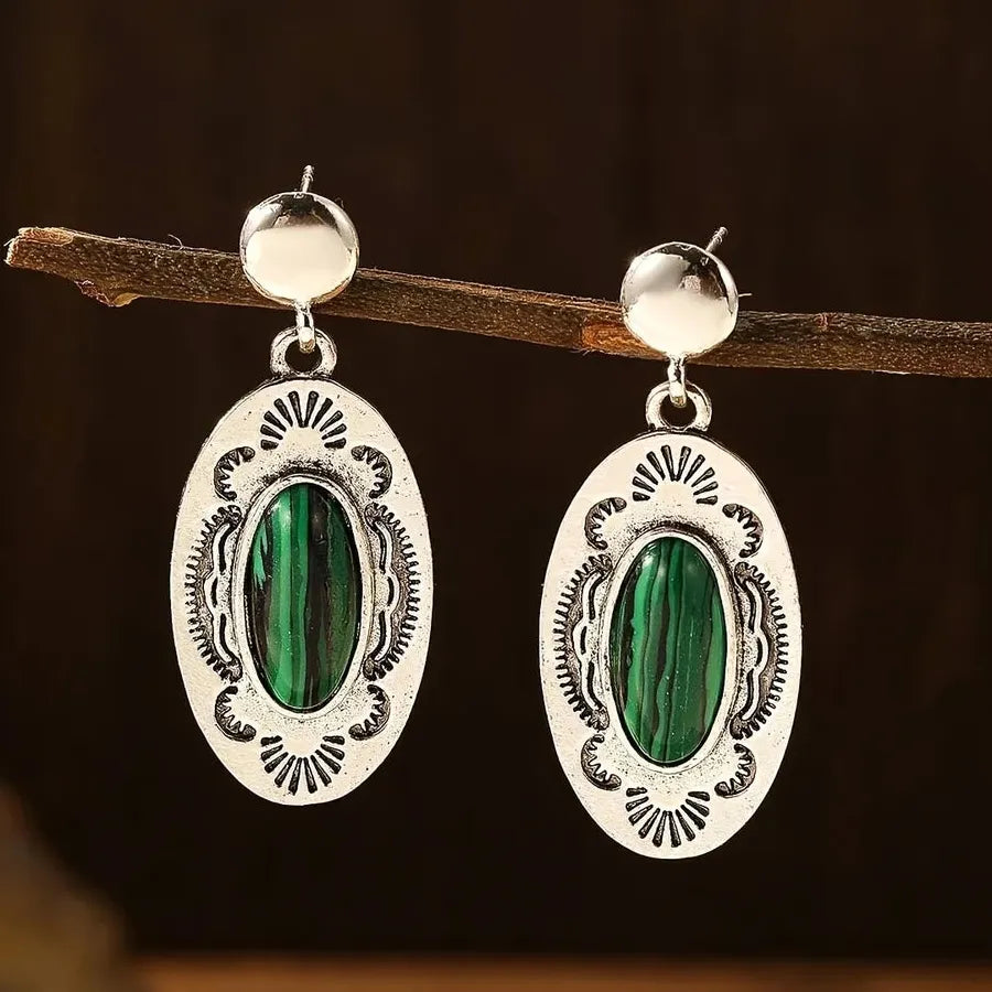 Vintage Bohemian Geometric Green Gemstone Pendant Earrings for Women Zinc Alloy