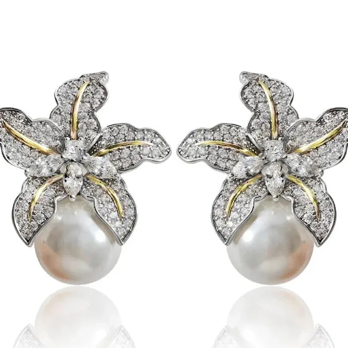 Flower Imitation Pearl Earrings Women Luxury CZ Stone Inlaid Zinc Alloy Studs