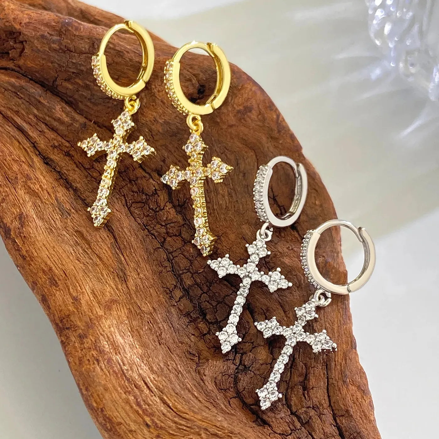 Punk Rhinestone Cross Drop Earrings Kpop Grunge Egirl Fashion Jewelry