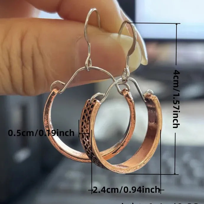 Vintage Half Round Hand Carved Zinc Alloy Earrings for Women, Red Copper Hook