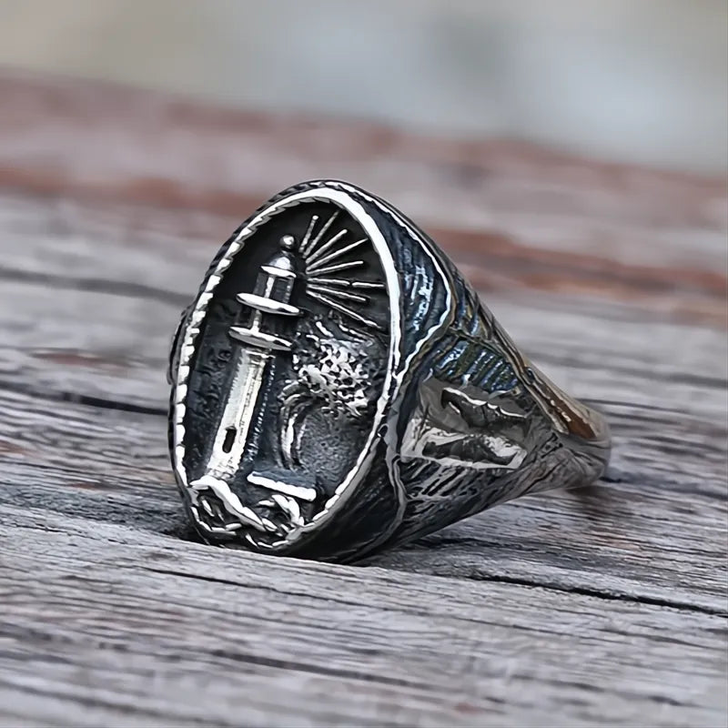 2️⃣ Nautical Lighthouse Ring Stainless Steel Viking Nordic Signet Ring Men