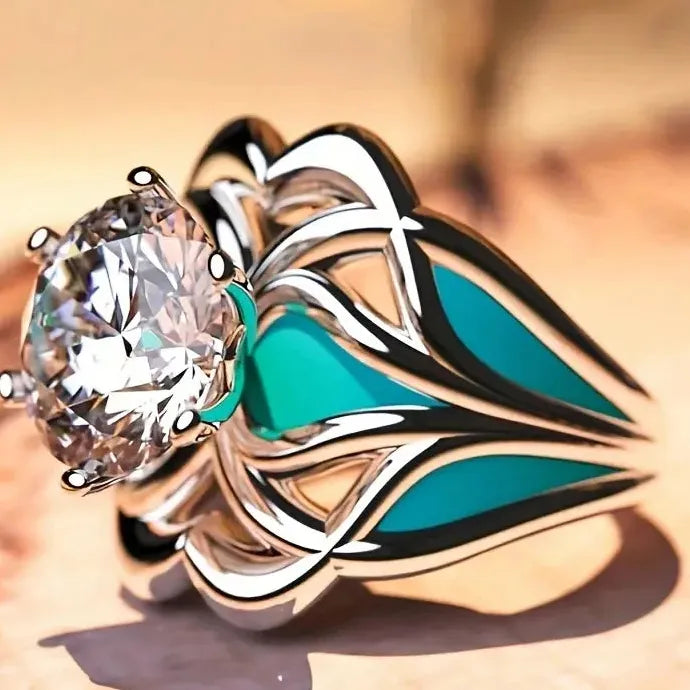 Luxury Zinc Alloy Metal Flower Hollow Ring with Round Crystal Zircon for Women