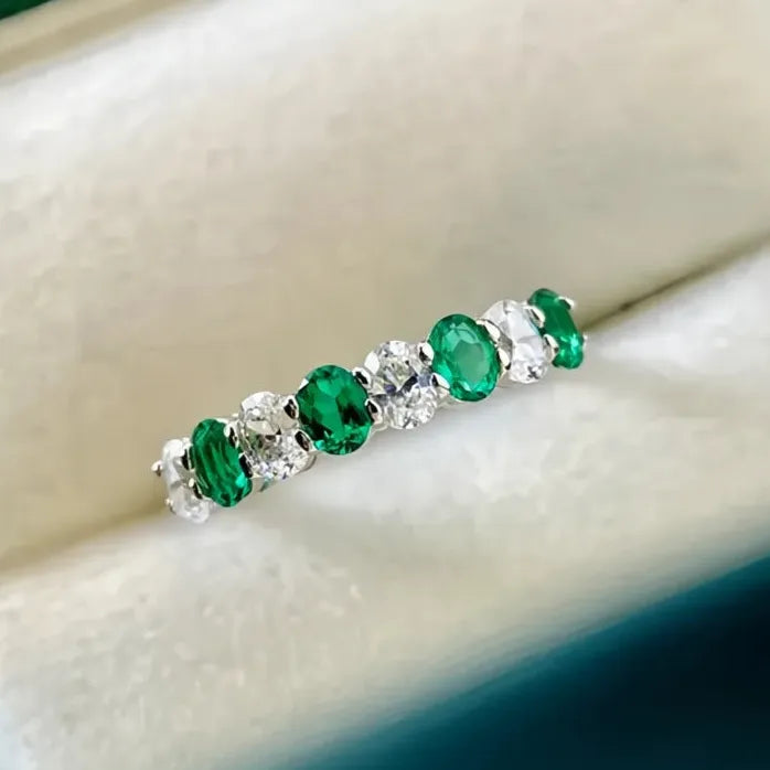 Silver Tone Green White Cubic Zirconia Wedding Band Ring for Women