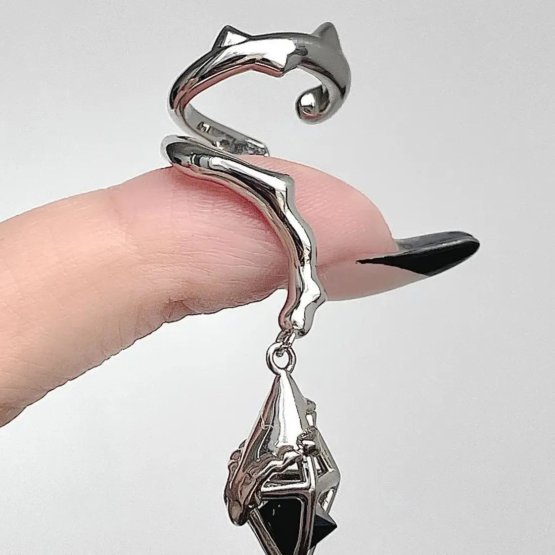 Punk Hip Hop Fox Animal Clip Earrings Black Zircon Cone Metal Non-Piercing Cuff Women