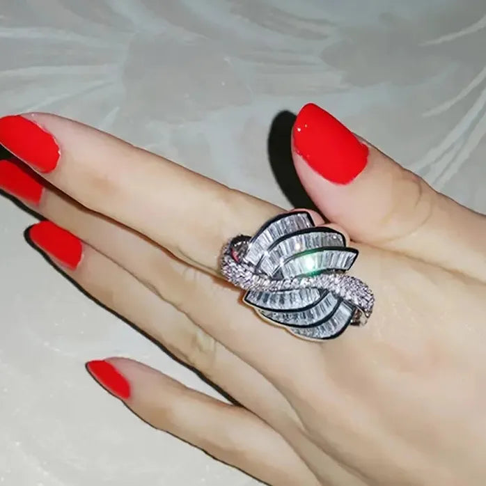 Geometric Cubic Zirconia Crystal Wedding Engagement Ring for Women Brass