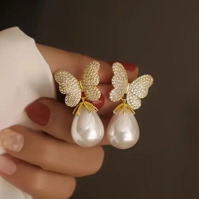 Elegant Butterfly Drop Earrings with Pearl Cubic Zirconia Jewelry for Women