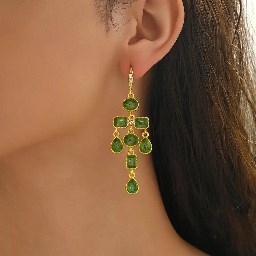 Tassel Long Drop Earrings Green Zircon Pendant Geometric Gold Jewelry Women Zinc Alloy