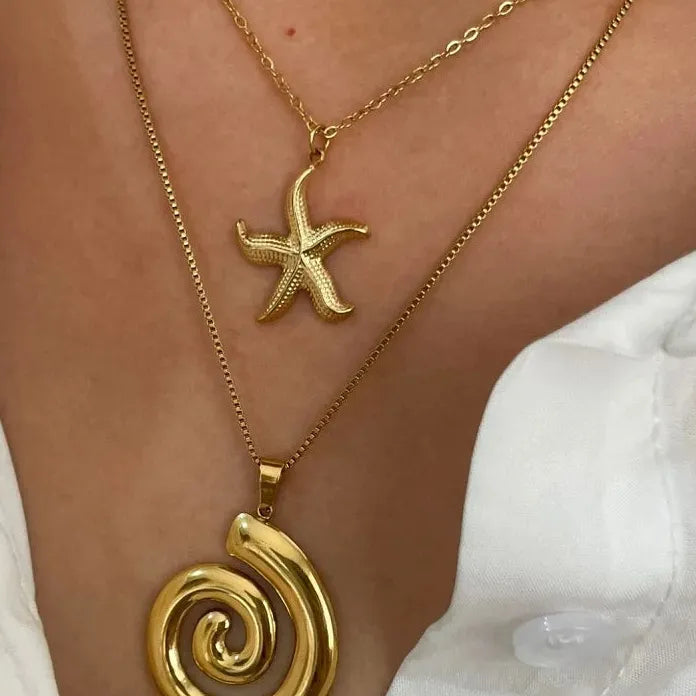 Stainless Steel Starfish Pendant Necklace for Women Gold Spiral Chain Jewelry