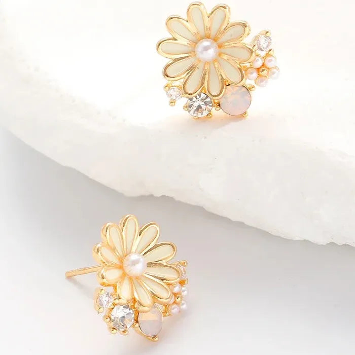Yellow Daisy Zircon Pearl Stud Earrings for Women Vintage Gift Jewelry