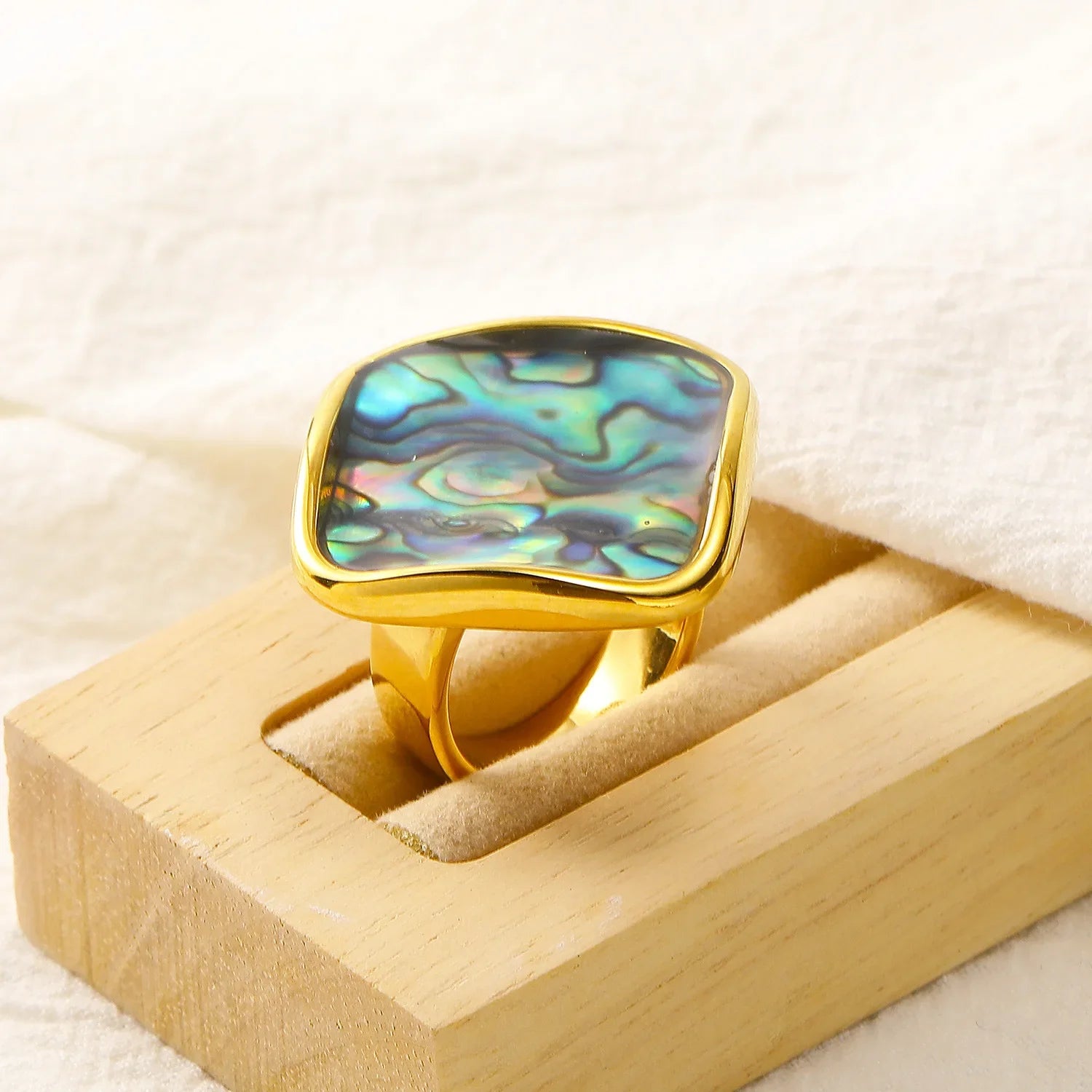 Oversize Natural Abalone Shell Ring for Women 18K Gold Plated Stainless Steel