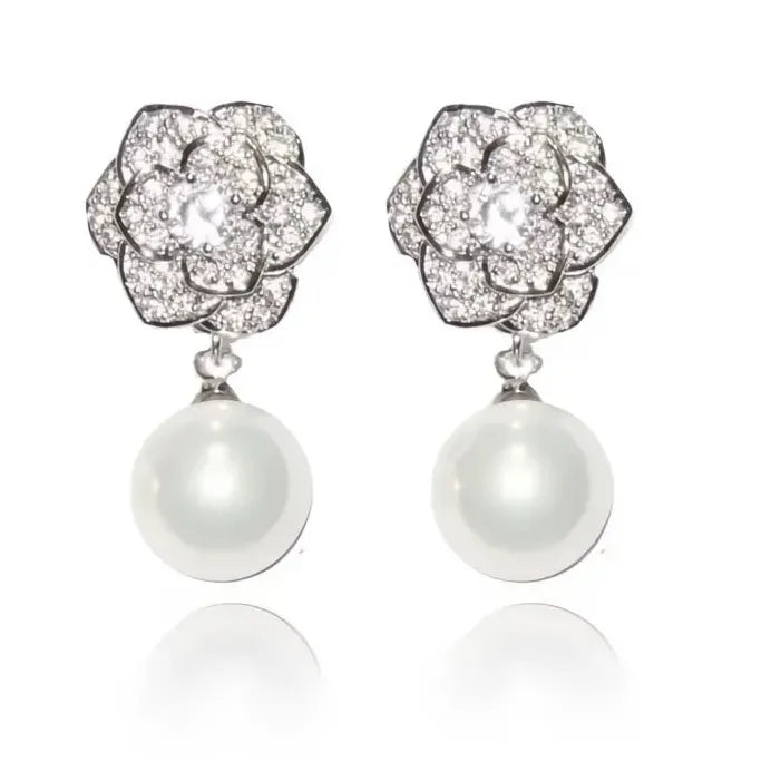 Elegant Flower Imitation Pearl Drop Earrings for Women Wedding Jewelry