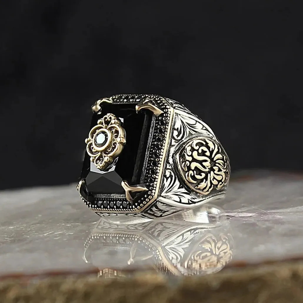 Retro Handmade Turkish Men’s Silver Zinc Alloy Ring with Zircon Inlay