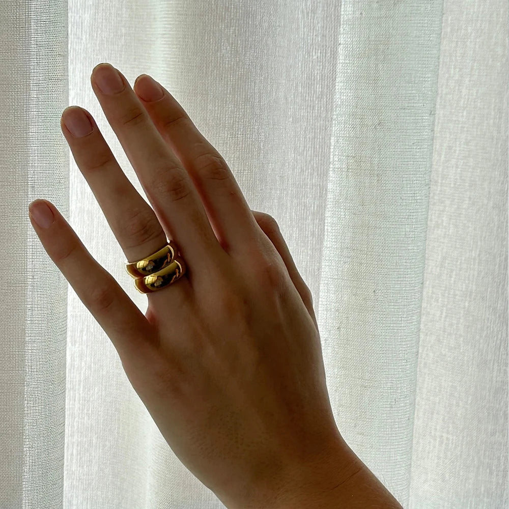 18K Gold Plated Stainless Steel Double-Layer Round Minimalist Ring for Women